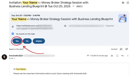 Calendar invite with the Yes button circled
